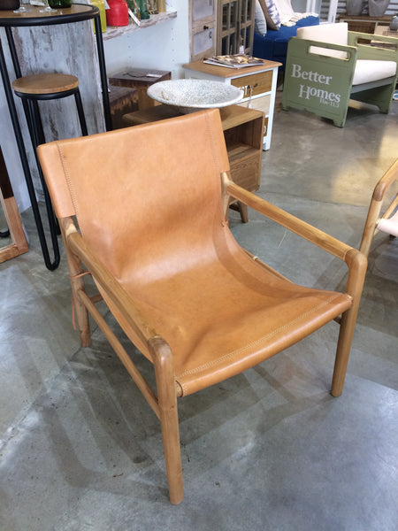 Tan Leather and Wood Easy Chair